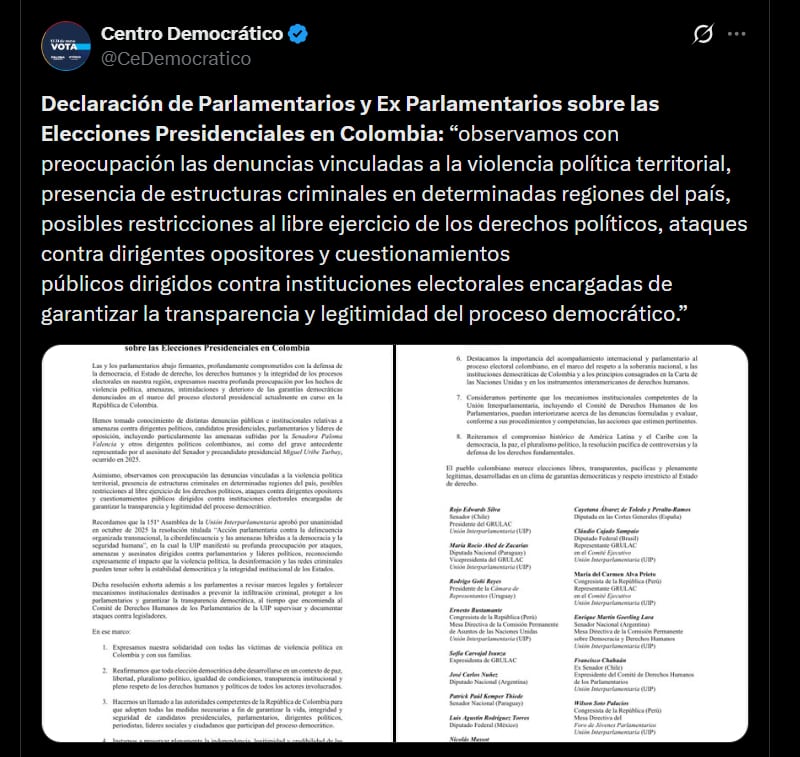 El Centro Democrático difundió en la red social X declaraciones de parlamentarios y exparlamentarios de Latinoamérica sobre las elecciones presidenciales en Colombia - crédito @CeDemocratico/X