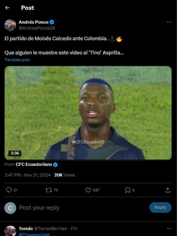 This is how the Ecuadorian journalist reacted to Faustino Asprilla's criticism of Moisés Caicedo - credit @AndresPonce28 /