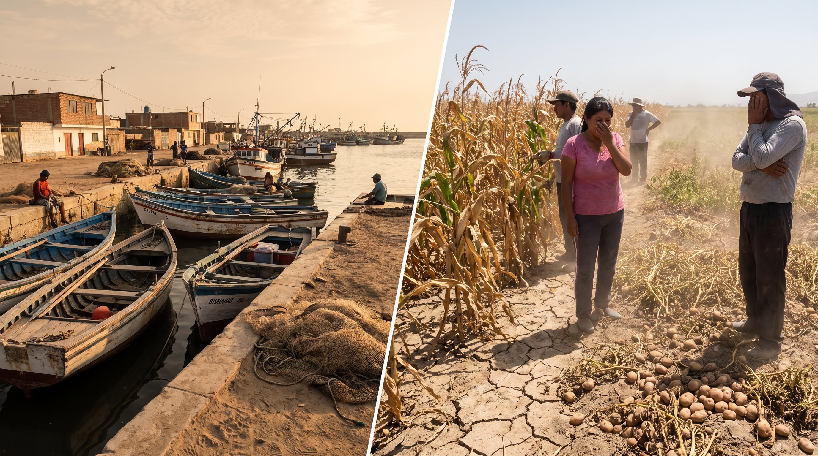 Un puerto pesquero peruano con embarcaciones inactivas y un campo agrícola seco con cosechas marchitas muestran el impacto económico del Fenómeno El Niño en el país. (Imagen Ilustrativa Infobae)