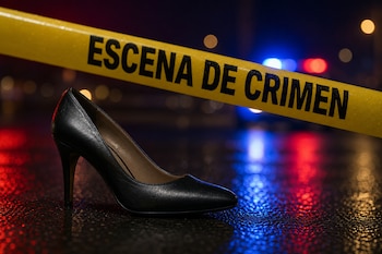 Zapato negro de tacón alto sobre el suelo mojado, cinta amarilla de la policía con texto en español y luces de patrullero al fondo.