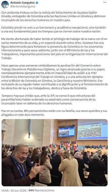 Antonio Sanguino destacó el legado internacional de Gustavo Gallón tras su fallecimiento - crédito @AntonioSanguino/X