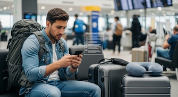 Hombre con mochila sentado en el aeropuerto mirando su teléfono móvil, con maletas y una almohada de viaje a su lado. Se aprecian carteles en el fondo.