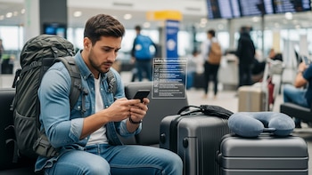 Viajero revisa recomendaciones de seguridad en móvil antes de viaje internacional - VisualesIA ScribNews