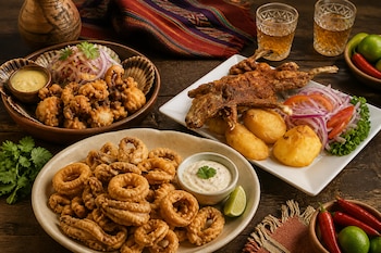 Tres platos con cuy frito, papas doradas, aros de marisco frito, salsa, cebolla y vasos sobre una mesa de madera con ajíes.