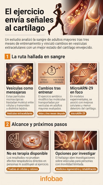 Infografía con texto, silueta humana corriendo, esquemas de articulaciones, ADN, células en placas de Petri y el logotipo de Infobae.