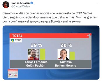 Carlos Fernando Galán celebra resultados de intención de voto