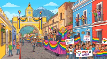 Caricatura de desfile del Orgullo LGBT con personas, banderas arcoíris, una carroza, confeti, Arco de Santa Catalina y un volcán, en Antigua Guatemala.