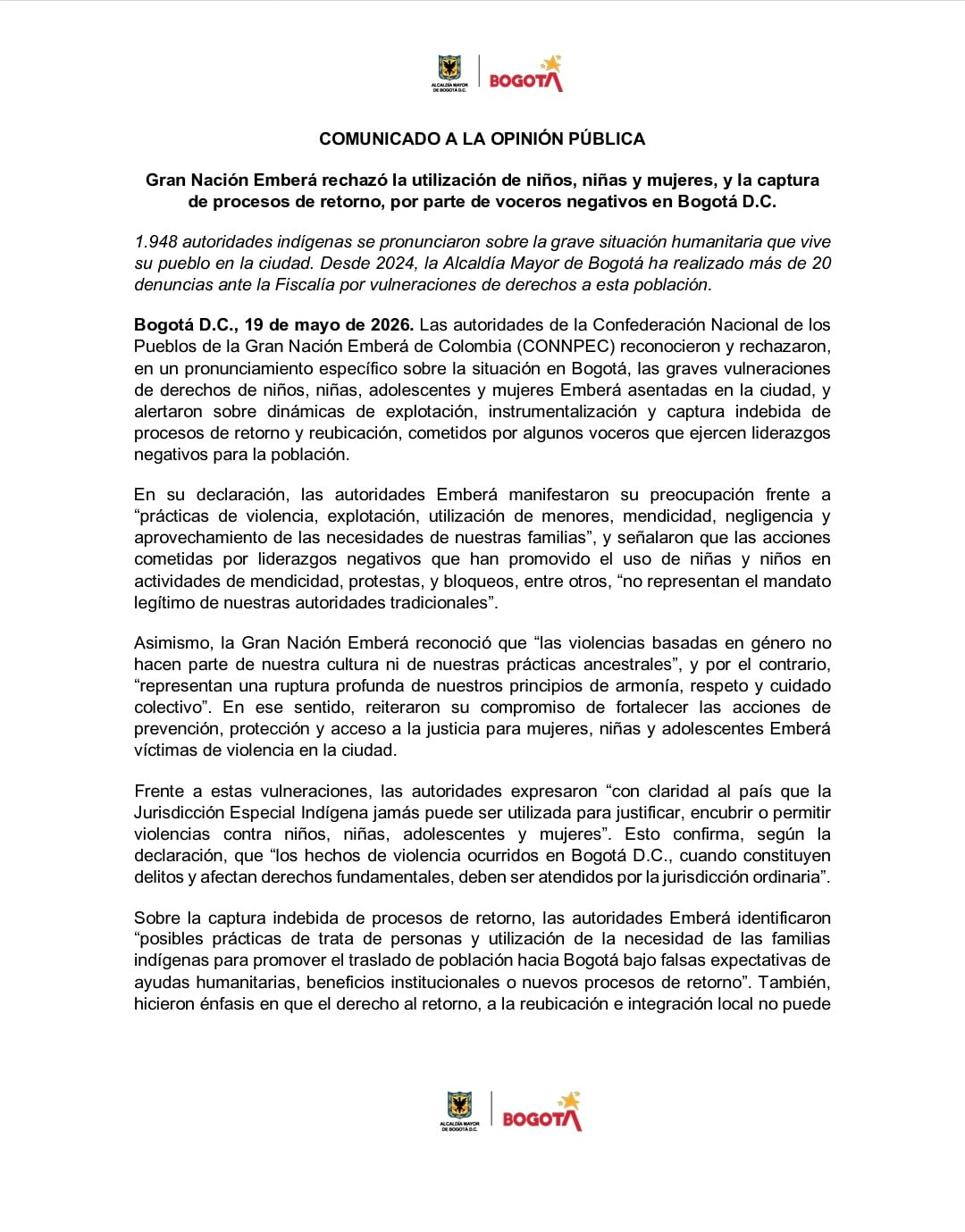 La organización que agrupa a miles de autoridades indígenas refuerza la idea de que los hechos denunciados contradicen completamente los principios transmitidos por los sabios y dirigentes tradicionales del pueblo - crédito Alcaldía de Bogotá