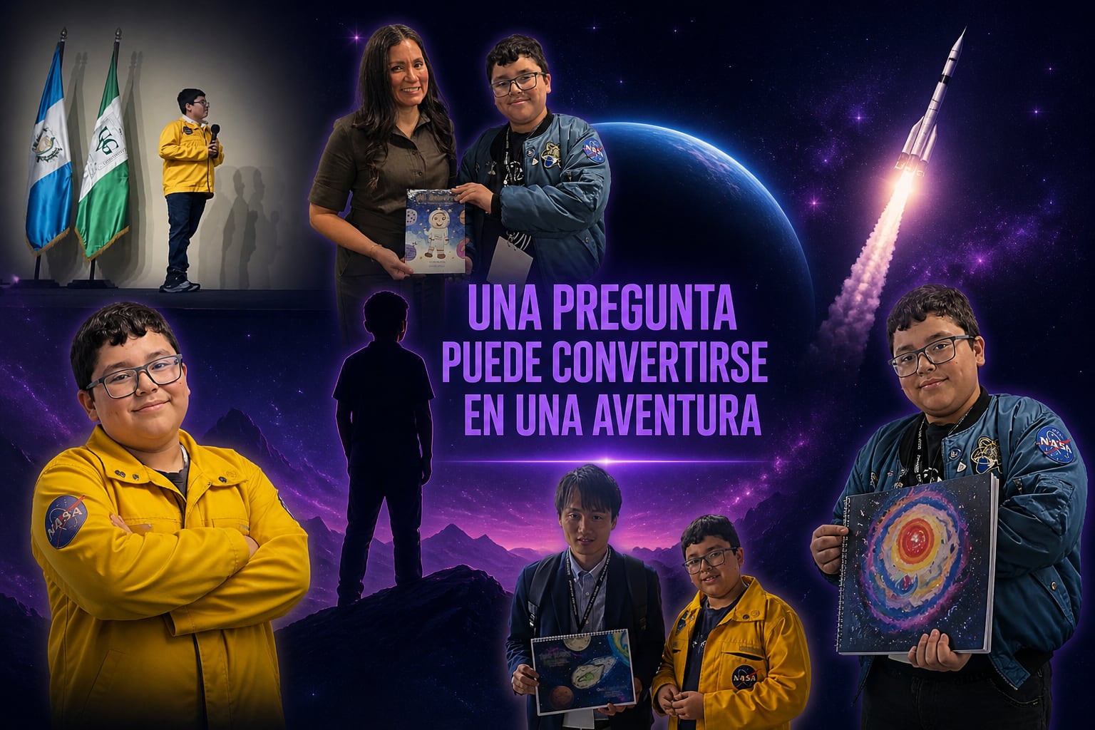 Un fotomontaje reúne momentos de un estudiante guatemalteco en actividades sobre la ciencia y la exploración espacial. (Imagen Ilustrativa Infobae)