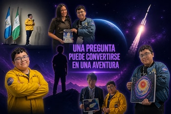 Collage con fotos de un niño con chaqueta de la NASA, sus dibujos sobre el universo, un cohete y la bandera de Guatemala.