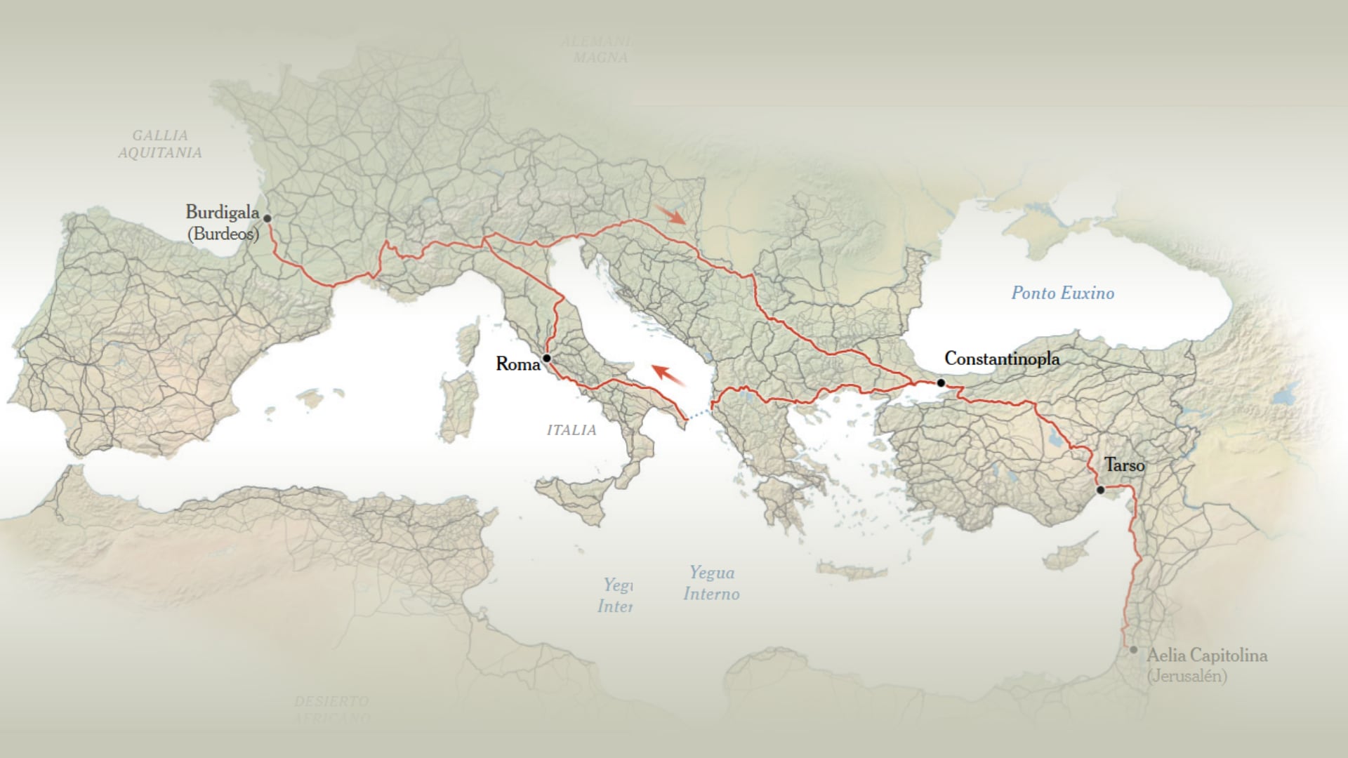 Un diario de viaje del año 333-334 d. C., el “Itinerarium Burdigalense”, sigue el progreso de un peregrino hacia Jerusalén y de regreso a través de la extensa red de calzadas romanas (Fuentes: Itiner-e; Atlas digital del Imperio Romano; Red Pelagios | Jonathan Corum/The New York Times)