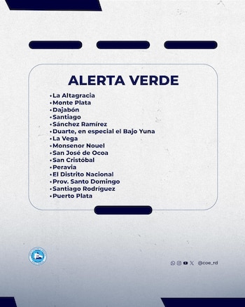 El Centro de Operaciones de Emergencias emite alerta verde para varias provincias dominicanas. (Cortesía: COE)