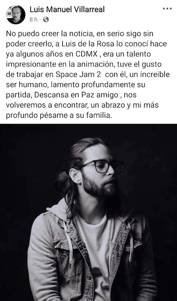 Publicação de Luis Manuel Villarreal nas redes sociais. Inclui uma foto em preto e branco de Luis de la Rosa, um homem com barba, cabelo e óculos