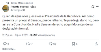 Milei reposteó el mensaje de Ricardo Manuel Rojas, exsecretario letrado de la Corte Suprema, quien sostuvo que el presidente puede retirar un pliego del Senado en cualquier momento
