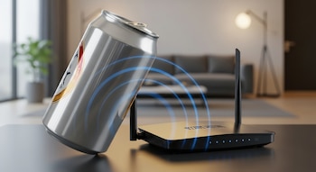Primer plano de una lata de cerveza de aluminio vacía, cortada y doblada, detrás de un router WiFi negro con antenas. Ondas digitales azules salen del router y se reflejan en el aluminio.