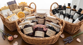 Tres canastas de mimbre con frascos de mermelada, pastillas de jabón artesanal y botellas de aceites naturales, con flores de lavanda y pétalos.
