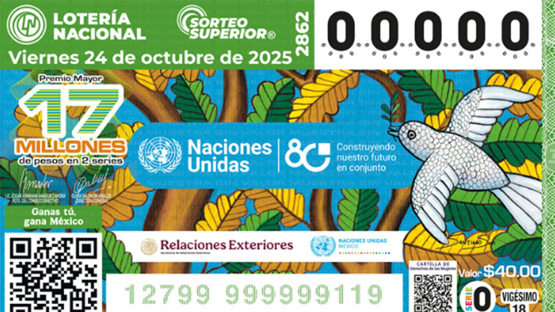 El billete de este sorteo hace homenaje a la Organización de las naciones Unidas. Crédito: Lotería Nacional