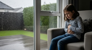 Niño sentado en un sillón junto a una ventana, con las manos sobre el abdomen, mirando hacia abajo. Lluvia intensa cae en el exterior del vidrio.