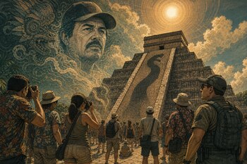 Dibujo de una multitud frente a una pirámide escalonada bajo el sol, con el rostro de un hombre con gorra y bigote entre las nubes.
