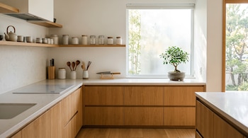 Cocina con muebles de madera, repisas con frascos de cerámica, bloques con cuchillos, una maceta junto a una ventana y luz natural.