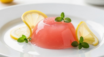 Gelatina rosada de tuna con forma de cúpula en un plato blanco, adornada con rodajas finas de limón amarillo y hojas de menta verde fresca.