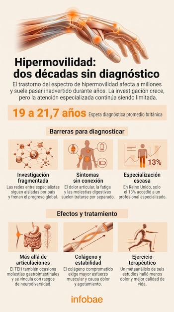 Infografía vertical con una ilustración anatómica de una mano, bloques de texto, iconos médicos, el dibujo de un torso y una persona en carrera.