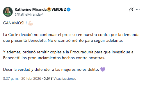 La congresista señaló que triunfó la verdad @KatheMirandaP/X
