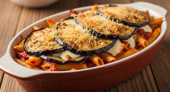 Una fuente de horno tradicional siciliana con pasta penne horneada, berenjena frita, salsa de tomate, mozzarella derretida y pan rallado dorado encima, sobre una mesa de madera.