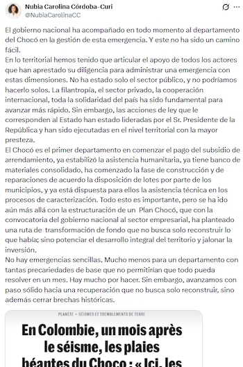 Nubia Córdoba, gobernadora del Chocó, reconoció el apoyo del Gobierno nacional al departamento tras el terremoto - crédito @NubiaCarolinaCC/X