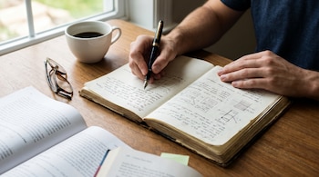 Vista aérea de una persona escribiendo en una libreta con pluma, con una taza de café, gafas y libros abiertos sobre una mesa de madera junto a una ventana.