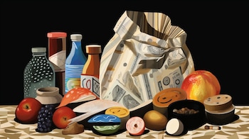 Ilustración abstracta que representa el impacto económico de la alimentación y los precios en constante cambio. Los dólares y la bolsa de comida reflejan desafíos financieros. (Imagen ilustrativa Infobae)