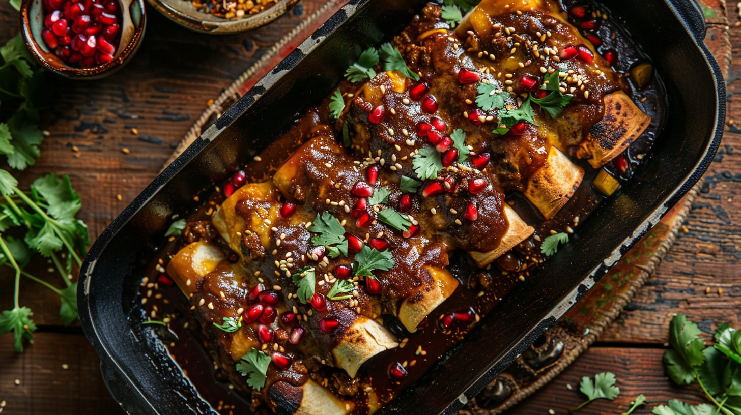 Enchiladas agustinas servidas con mole, un platillo tradicional de la cocina mexicana casera. - (Imagen Ilustrativa Infobae)
