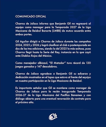 Comunicado sobre la salida de Benjamín Gil de los Charros de Jalisco. (Charros de Jalisco)