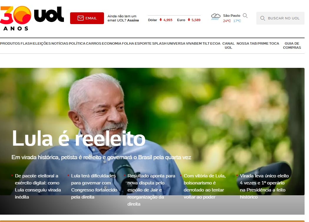 UOL, a su vez, eligió “Lula es reelegido” como título