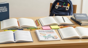 Una mesa de madera clara con varios libros abiertos en inglés y cuadernos. Se ven lápices, crayones y notas adhesivas. Al fondo, una mochila y un diccionario inglés-español.