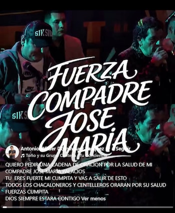 Captura de pantalla dividida mostrando a Toño Centella con gorra y micrófono, y a otro hombre también con micrófono, con texto 'FUERZA COMPADRE JOSE MARIA' superpuesto