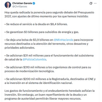 El senador Christian Garcés informó sobre la garantía de $ 3 billones destinados a subsidios de energía y gas - crédito @ChriGarces/X