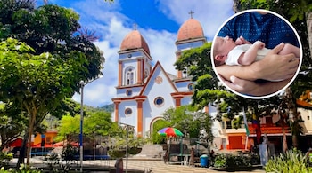 Un recién nacido en brazos de una persona en un recuadro circular superior derecho sobre un fondo de una iglesia colonial blanca y naranja en una plaza.