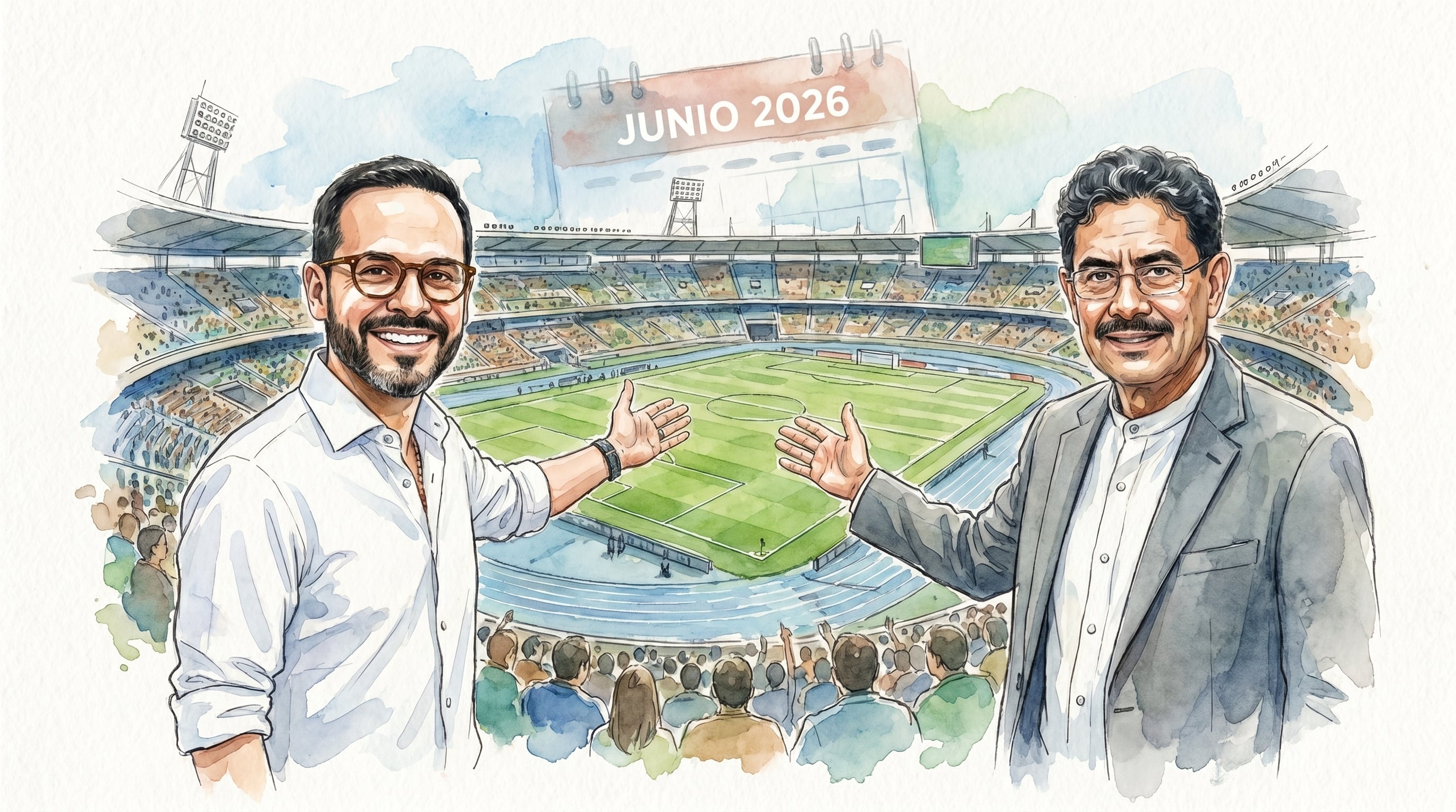 Una ilustración en acuarela muestra a Abelardo de la Espriella e Iván Cepeda junto a un estadio de fútbol y un calendario de junio de 2026, simbolizando el cruce de la Copa Mundial FIFA y la segunda vuelta presidencial colombiana. (Imagen Ilustrativa Infobae)