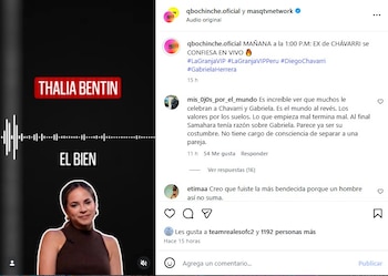 Una imagen de Thalia Bentin en una pantalla oscura con ondas de sonido y el texto "THALIA BENTIN", junto a una interfaz de Instagram con comentarios