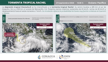 Infografía de la Conagua con datos meteorológicos y dos mapas satelitales que marcan la ubicación de la tormenta tropical Rachel