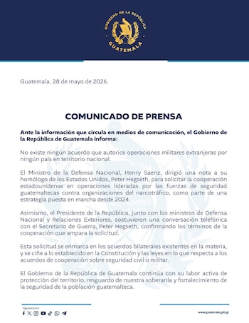 Comunicado de prensa digital del Gobierno de Guatemala, con el escudo nacional, fecha 28 de mayo de 2026, sobre operaciones militares y soberanía