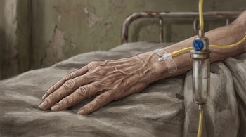 La mano arrugada de una persona sobre una sábana gris, con un catéter intravenoso y un tubo de suero junto a una pared deteriorada.