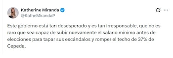 Katherine Miranda, representante a la Cámara, dijo que el Gobierno busca aumentar de nuevo el salario mínimo para apoyar a Iván Cepeda - crédito @KatherineMirandaP/X
