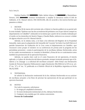 La ampliación de la denuncia contra Adorni hecha por Paulón, Juliano y Ferraro