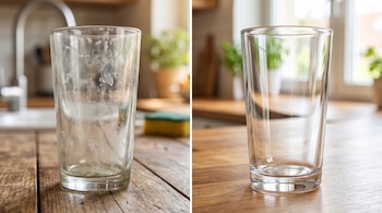 Dos imágenes yuxtapuestas de un vaso de vidrio opaco y manchado a la izquierda y otro transparente y limpio a la derecha sobre una mesa.