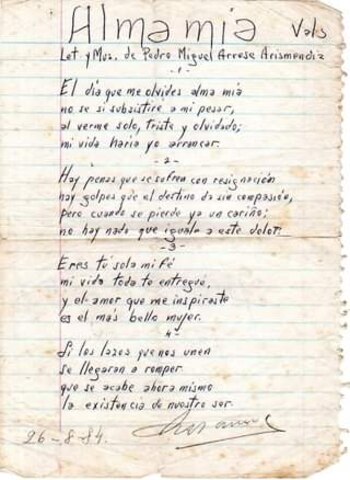 El documento histórico, de puño y letra, del propio compositor :"Alma Mía".Foto: Perú Criollo en el Mundo