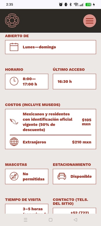 Captura de pantalla de una interfaz móvil con información detallada: días y horas de operación, tarifas de entrada, política de mascotas y estacionamiento