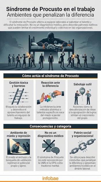 Infografía detallada sobre el Síndrome de Procusto en el ámbito laboral, mostrando figuras esquemáticas, engranajes y símbolos de barreras y sabotaje.