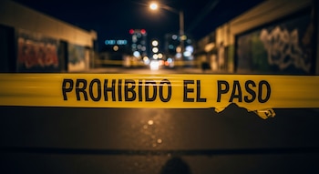 Primer plano de una cinta amarilla con el texto "PROHIBIDO EL PASO" sobre una calle oscura con edificios y luces urbanas de fondo.
